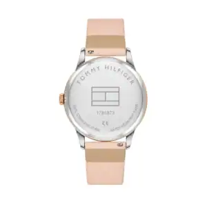 Reloj Tommy Hilfiger con correa de piel rosa y caja de acero inoxidable, ideal para un estilo elegan.