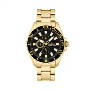 Reloj Invicta dorado con esfera negra, cronógrafo y diseño elegante. Perfecto para ocasiones formale.
