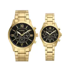 Relojes Fossil BQ2400SET en acabado dorado con esfera negra elegante y cronógrafo.