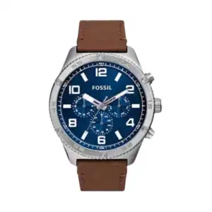 Reloj Fossil BQ2799 con esfera azul y correa de cuero marrón, ideal para estilo casual y formal.