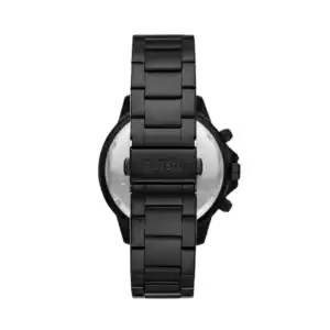 Reloj Fossil con correa de acero negro, diseño elegante y moderno.