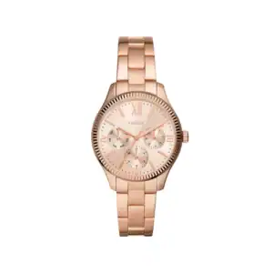Reloj Fossil BQ3691 en acabado dorado rosado, con diseño sofisticado y funciones cronógrafo.
