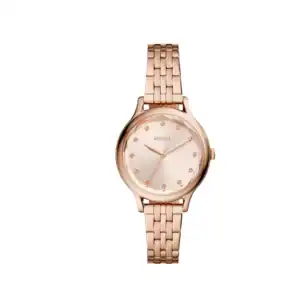 Reloj Fossil BQ3862 en acabado dorado rosado, ideal para mujer, con diseño minimalista y detalles br.