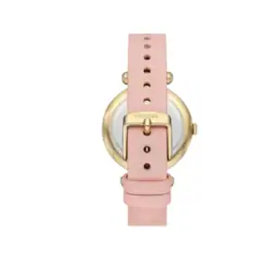 Reloj de pulsera con correa rosa, esfera dorada y diseño elegante para mujer.