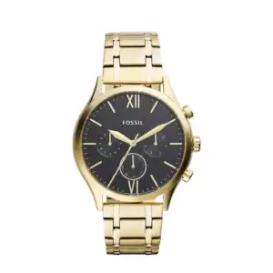 Reloj Fossil BQM2366 con caja dorada y esfera negra, ideal para hombres que buscan estilo y precisió.