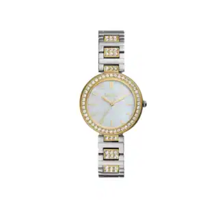 Reloj Fossil BQW3884 con diseño de lujo, esfera de madreperla y detalles en oro y cristales.