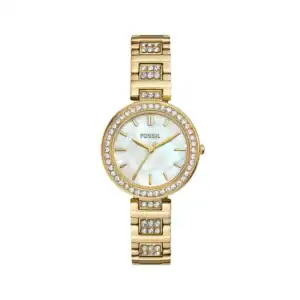 Reloj Fossil BQW5001 con pulsera dorada y cristales, ideal para ocasiones especiales.