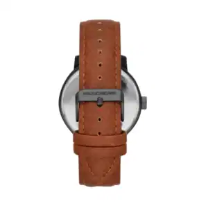 Reloj Skechers con correa de cuero marrón y esfera clásica, ideal para un estilo casual y elegante.