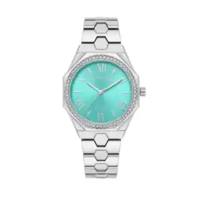 Reloj US Polo Assn plateado con esfera azul y detalles de cristales. Perfecto para un estilo elegant.