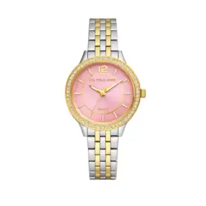 Reloj US Polo Assn con esfera rosa, bisel con cristales y pulsera bicolor en plata y oro.