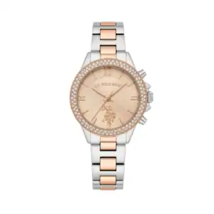 Reloj US Polo Assn con esfera dorada, bisel con cristales y pulsera de acero y oro rosa.