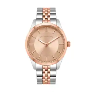 Reloj US Polo Assn con caja y pulsera en acabado plateado y rosado, elegante y moderno.